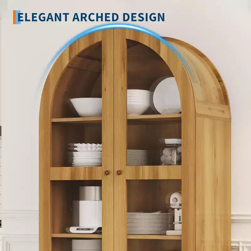 Dispensa Alta ad Arco da 71" con Ante in Acrilico, Armadio Moderno in Legno con 2 Cassetti e Ripiani Regolabili, Credenza Versatile per Cucina