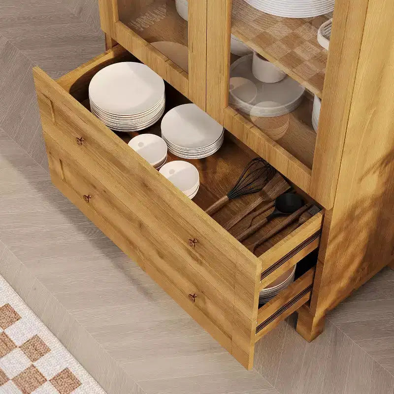 Dispensa Alta ad Arco da 71" con Ante in Acrilico, Armadio Moderno in Legno con 2 Cassetti e Ripiani Regolabili, Credenza Versatile per Cucina