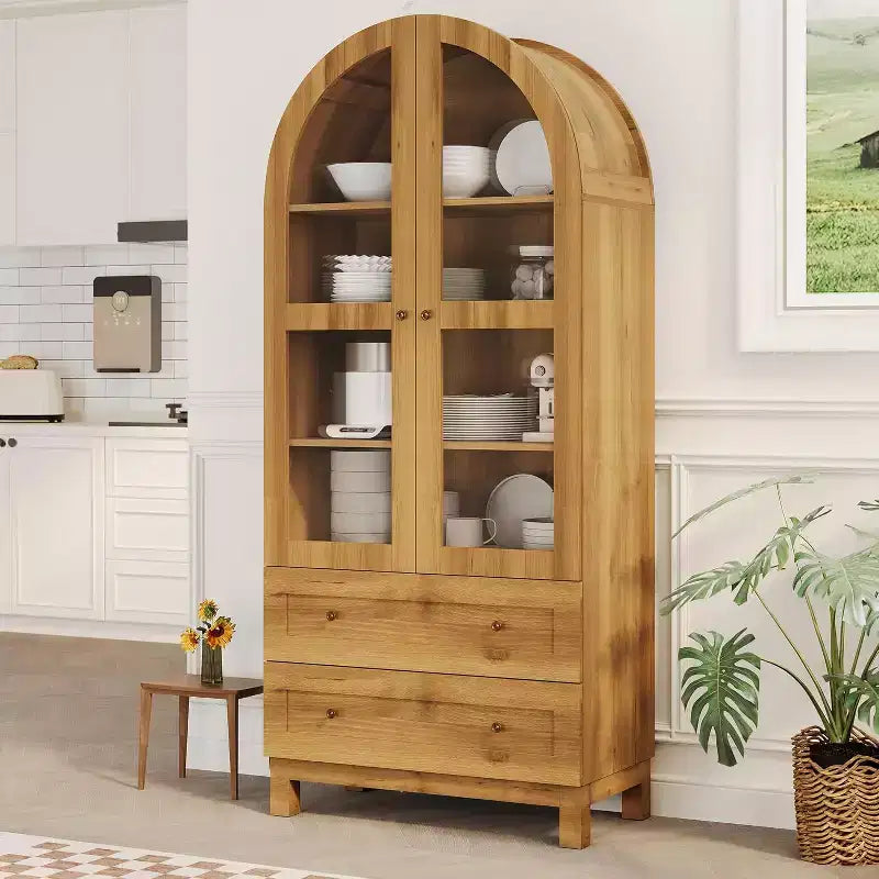 Dispensa Alta ad Arco da 71" con Ante in Acrilico, Armadio Moderno in Legno con 2 Cassetti e Ripiani Regolabili, Credenza Versatile per Cucina