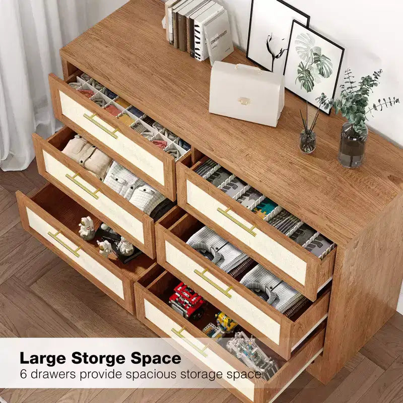 Cassettiera a 6 cassetti per camera da letto, cassettiera moderna in legno di canapa, armadietto contenitore