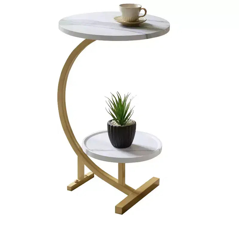 Kings Brand Furniture Tavolino Ovale Moderno, Tavolino d'Appoggio con Doppio Ripiano Effetto Marmo, Piccolo Tavolino per Soggiorno o Camera da Letto