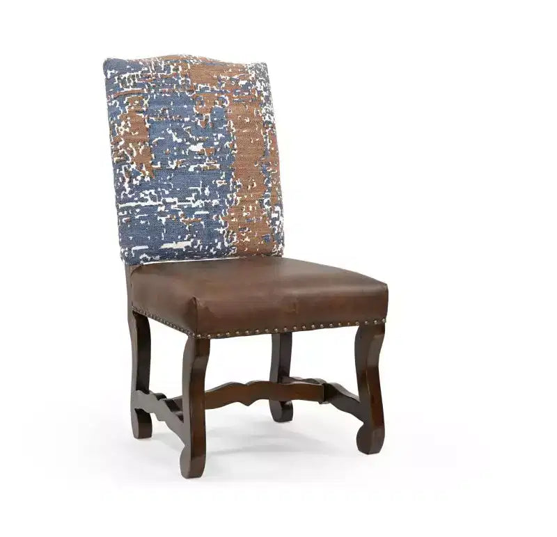 HomeRoots Set of Two Blue And Brown Solid Wood Upholstered Chenille And Leather Dining Side Chairs