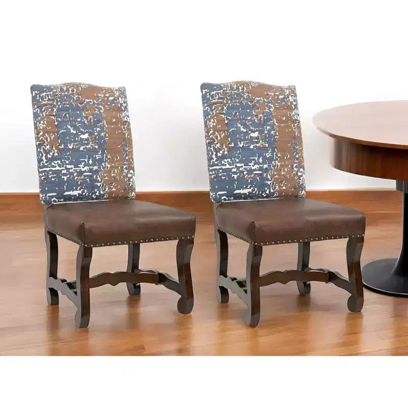 HomeRoots Set di due sedie da pranzo laterali imbottite in ciniglia e pelle, in legno massello blu e marrone