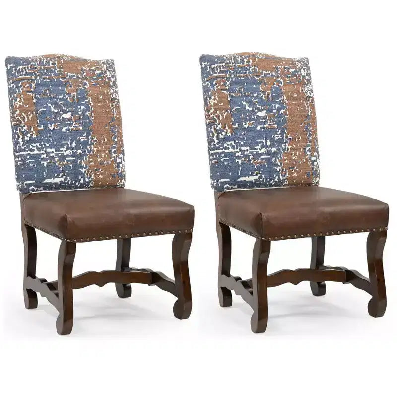 HomeRoots Set di due sedie da pranzo laterali imbottite in ciniglia e pelle, in legno massello blu e marrone