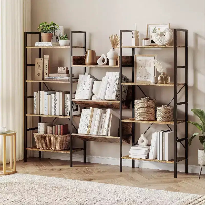 Libreria Industriale, Libreria Industriale a Tre Campate a 4 Ripiani con Mensole a Giorno, Scaffali Porta Giradischi Aperti con Telaio in Metallo per Casa e Ufficio