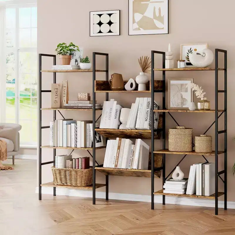 Libreria Industriale, Libreria Industriale a Tre Campate a 4 Ripiani con Mensole a Giorno, Scaffali Porta Giradischi Aperti con Telaio in Metallo per Casa e Ufficio