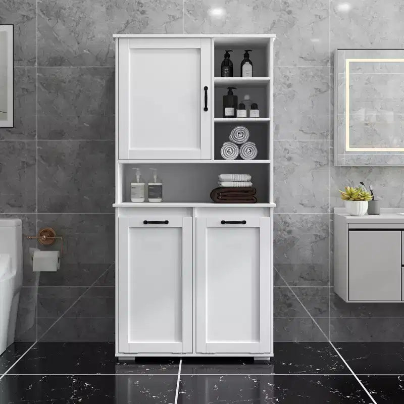 Mobile lavanderia CLIHOME autoportante con ante e ripiano, cesto biancheria inclinabile, spazio multi-storage, bianco