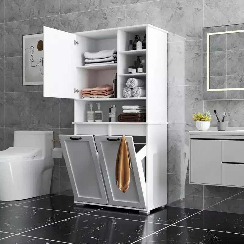 Mobile lavanderia CLIHOME autoportante con ante e ripiano, cesto biancheria inclinabile, spazio multi-storage, bianco
