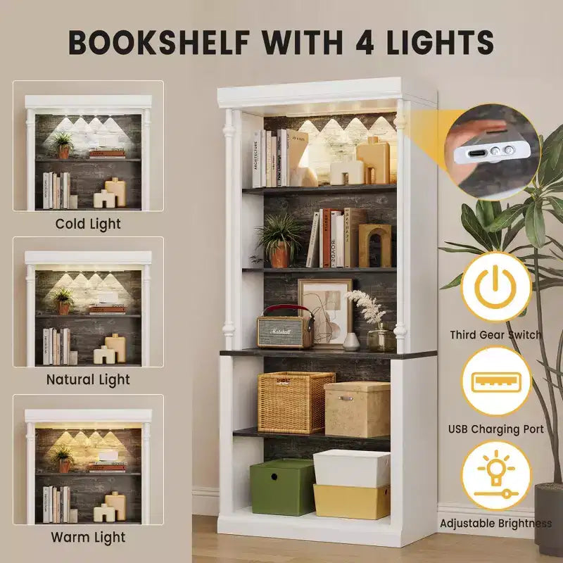 Libreria, scaffale a 5 ripiani da 71 pollici con vani a giorno e 4 luci a LED - Mensole a colonna romana per ufficio e casa, colore bianco