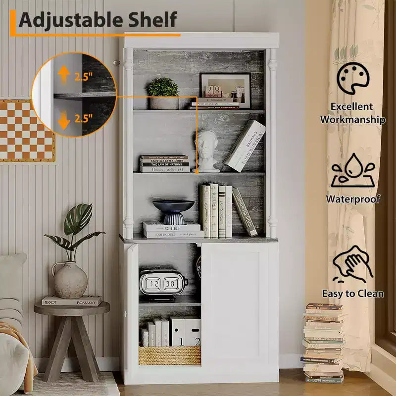 Libreria, scaffale a 5 ripiani da 71 pollici con vani a giorno e 4 luci a LED - Mensole a colonna romana per ufficio e casa, colore bianco