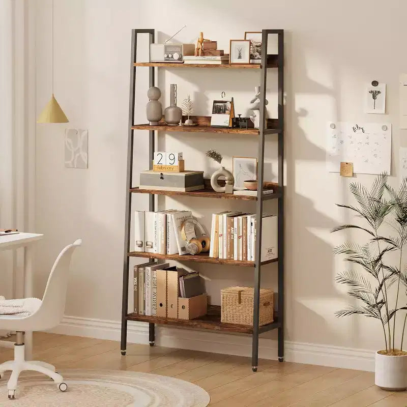Libreria Alta, Scaffale a 5 Ripiani con Scaffali Aperti, Scaffale Portaoggetti in Legno Stile Rustico con Piedini Regolabili, Organizzatore per Libreria con Struttura in Metallo per Camera da Letto