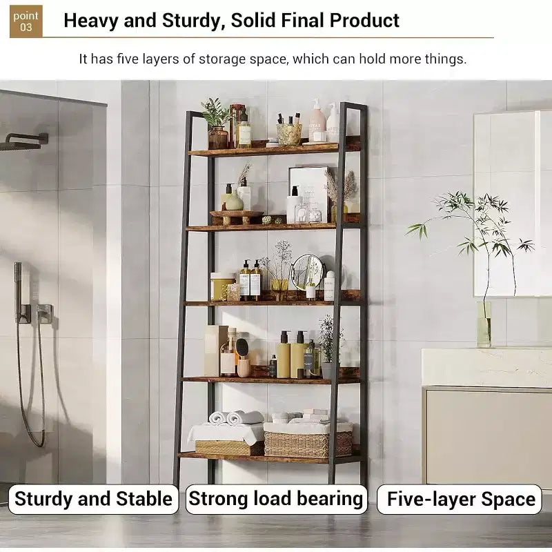 Libreria Alta, Scaffale a 5 Ripiani con Scaffali Aperti, Scaffale Portaoggetti in Legno Stile Rustico con Piedini Regolabili, Organizzatore per Libreria con Struttura in Metallo per Camera da Letto