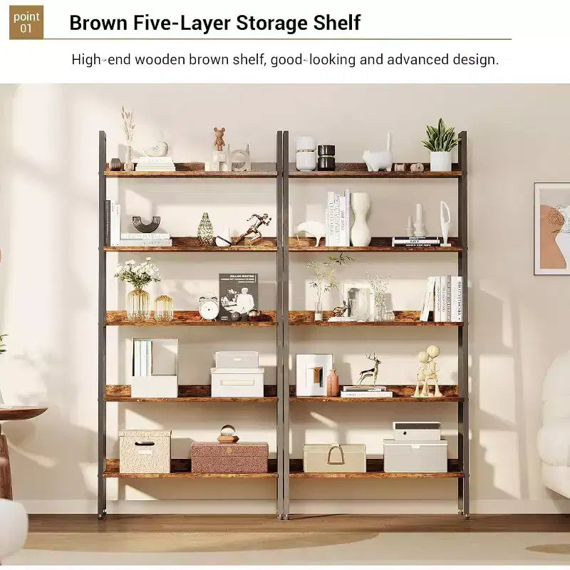Libreria Alta, Scaffale a 5 Ripiani con Scaffali Aperti, Scaffale Portaoggetti in Legno Stile Rustico con Piedini Regolabili, Organizzatore per Libreria con Struttura in Metallo per Camera da Letto