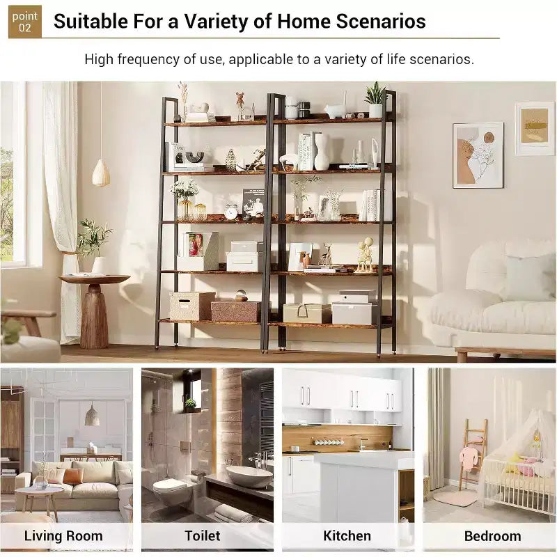 Libreria Alta, Scaffale a 5 Ripiani con Scaffali Aperti, Scaffale Portaoggetti in Legno Stile Rustico con Piedini Regolabili, Organizzatore per Libreria con Struttura in Metallo per Camera da Letto