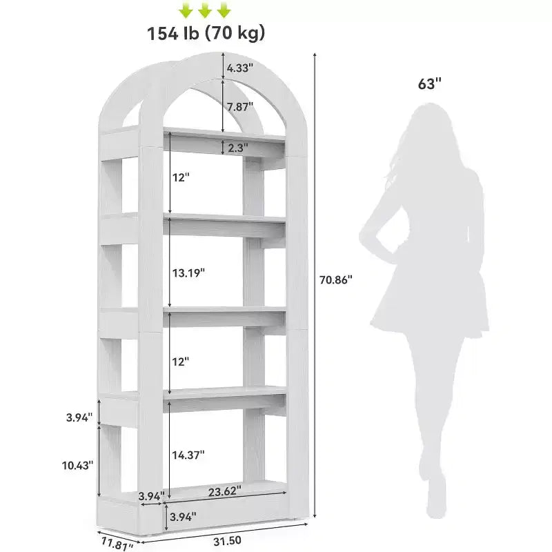 Libreria a 5 ripiani a forma di arco Lantine, scaffale alto in legno moderno per ufficio e soggiorno