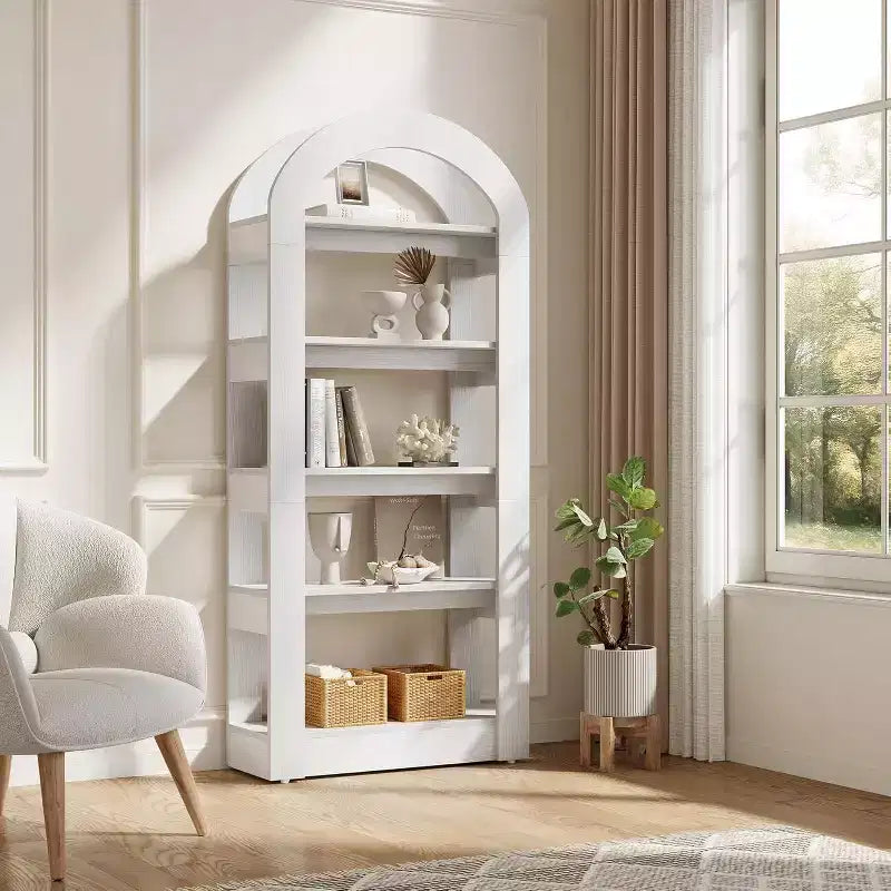 Libreria a 5 ripiani a forma di arco Lantine, scaffale alto in legno moderno per ufficio e soggiorno