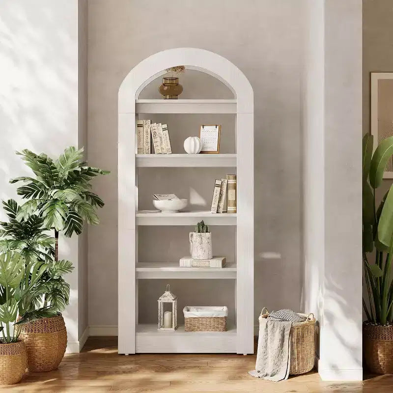 Libreria a 5 ripiani a forma di arco Lantine, scaffale alto in legno moderno per ufficio e soggiorno