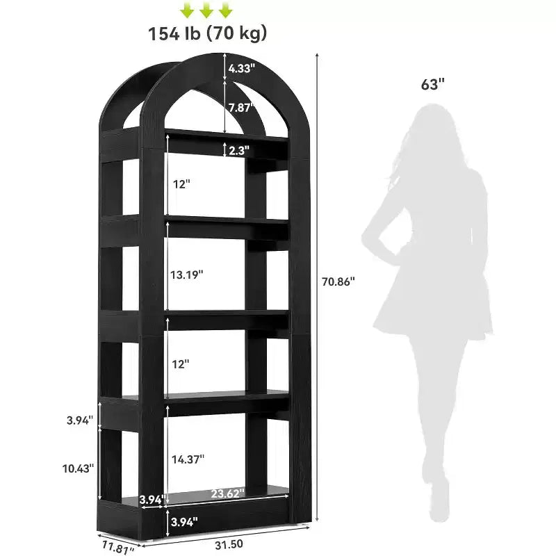 Libreria a 5 ripiani a forma di arco Lantine, scaffale alto in legno moderno per ufficio e soggiorno