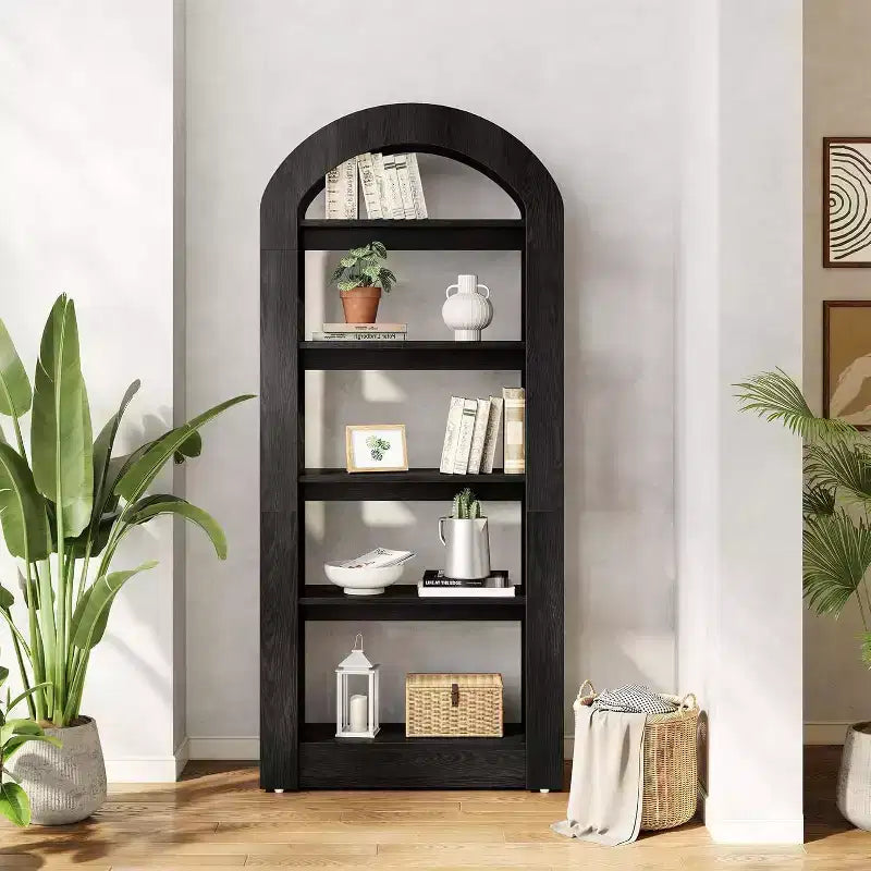 Libreria a 5 ripiani a forma di arco Lantine, scaffale alto in legno moderno per ufficio e soggiorno