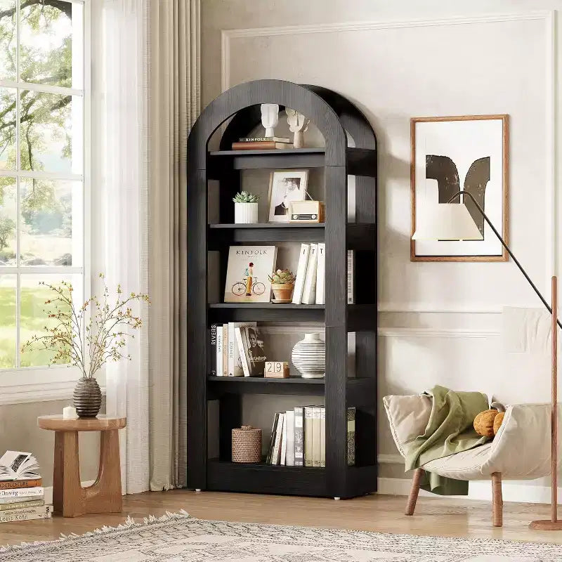 Libreria a 5 ripiani a forma di arco Lantine, scaffale alto in legno moderno per ufficio e soggiorno