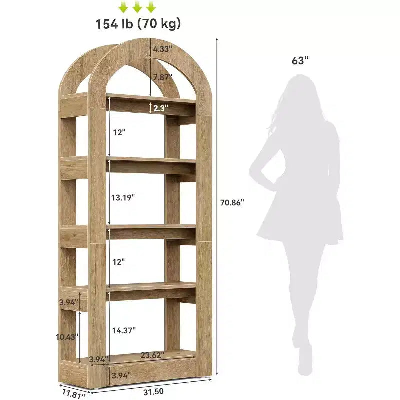 Libreria a 5 ripiani a forma di arco Lantine, scaffale alto in legno moderno per ufficio e soggiorno