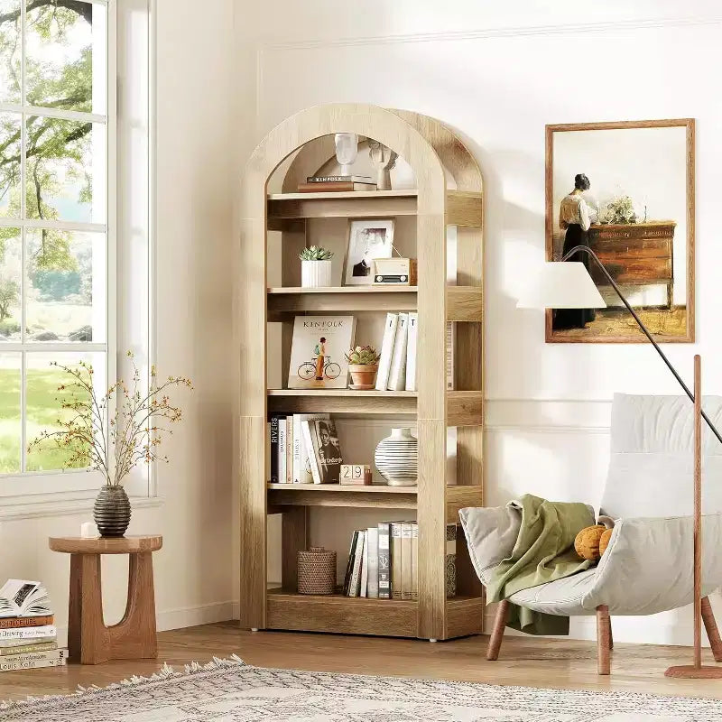 Libreria a 5 ripiani a forma di arco Lantine, scaffale alto in legno moderno per ufficio e soggiorno
