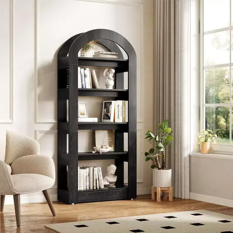 Libreria a 5 ripiani a forma di arco Lantine, scaffale alto in legno moderno per ufficio e soggiorno