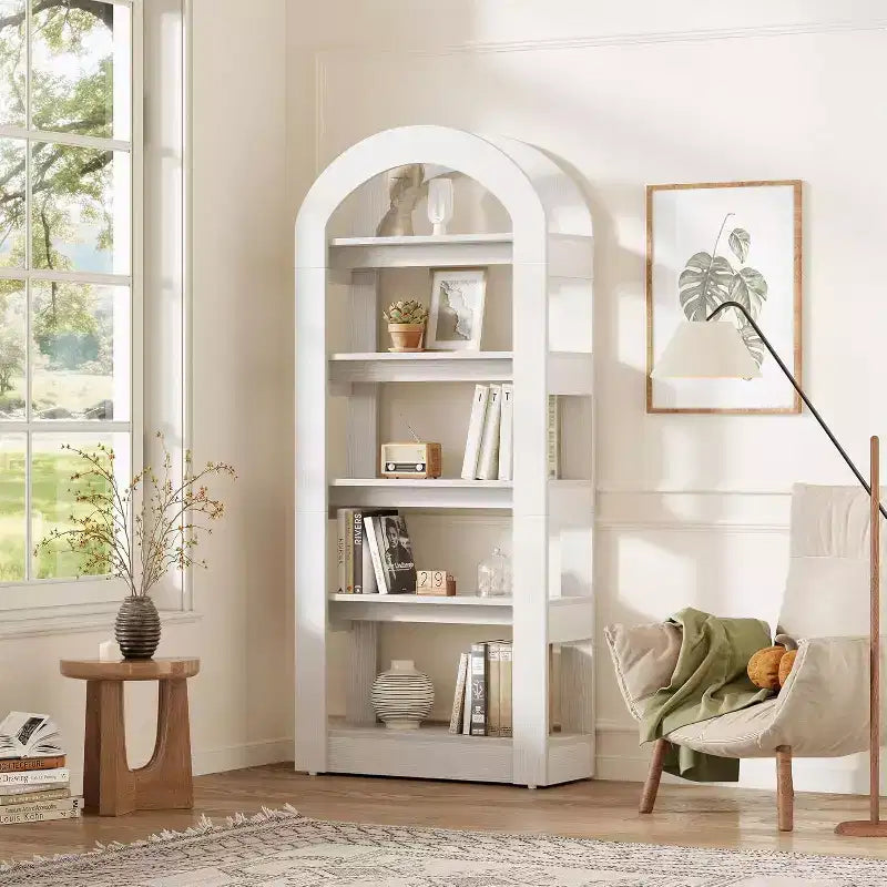 Libreria a 5 ripiani a forma di arco Lantine, scaffale alto in legno moderno per ufficio e soggiorno
