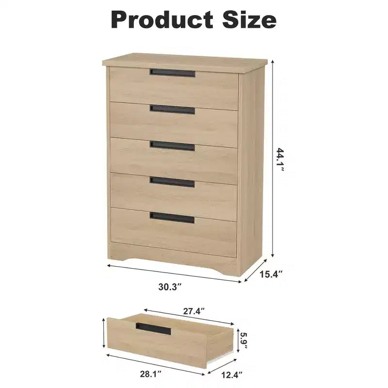 TROPOW Cassettiera a 5 Cassetti per Camera da Letto, Comò con Maniglie Integrate, Organizer in Legno per Soggiorno, Cameretta, Corridoio e Ingresso