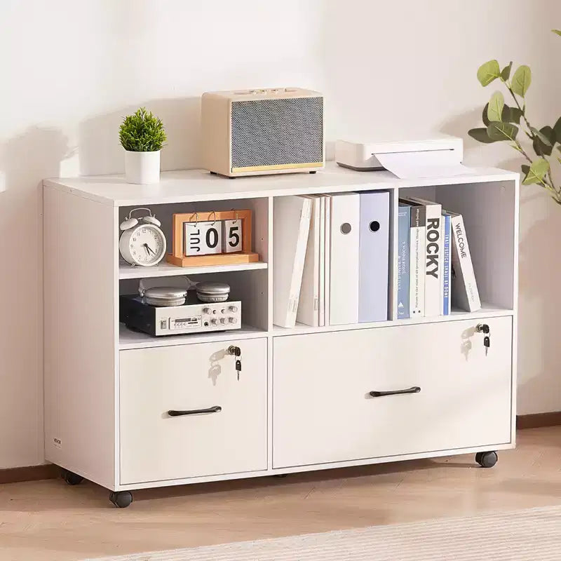 VEVOR Mobile armadietto classificatore a 2 cassetti in legno, con ripiani aperti, archivio laterale su rotelle con serratura e ripiani regolabili, bianco