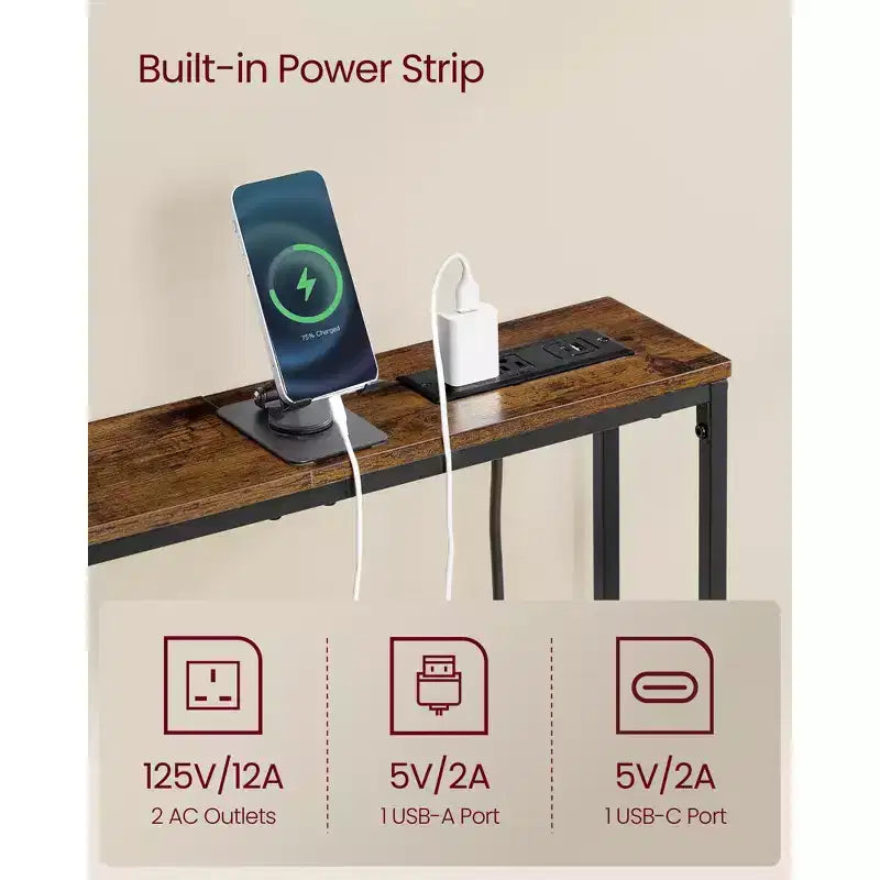 Set di 2 tavolini consolle slim con prese di corrente - Tavolini da divano dietro il divano con porte USB e ganci, facile montaggio