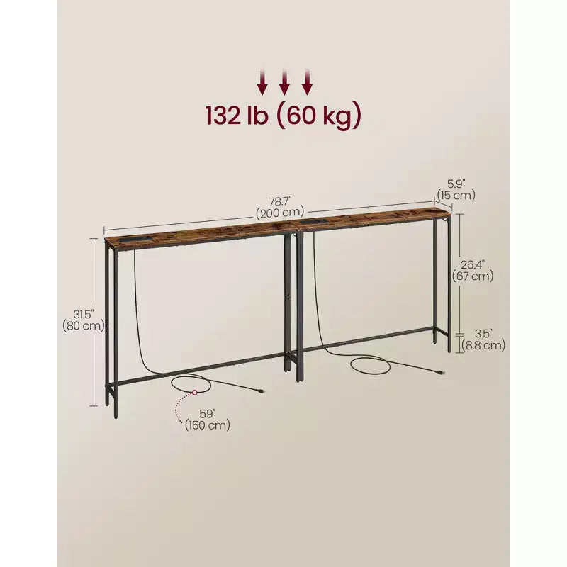 Set di 2 tavolini consolle slim con prese di corrente - Tavolini da divano dietro il divano con porte USB e ganci, facile montaggio