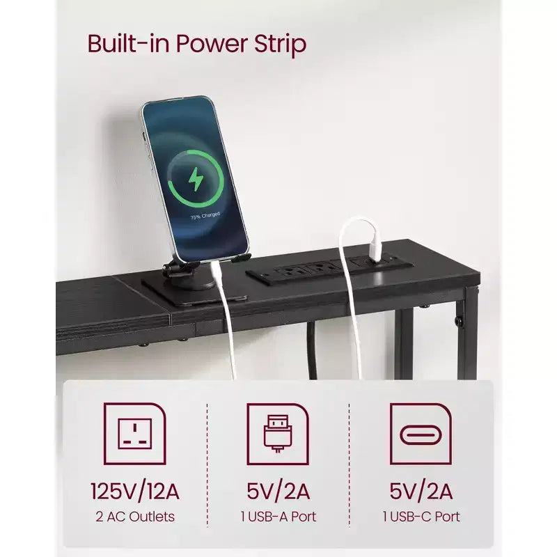 Set di 2 tavolini consolle slim con prese di corrente - Tavolini da divano dietro il divano con porte USB e ganci, facile montaggio
