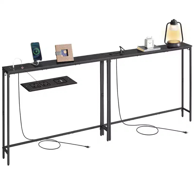 Set of 2 Slim Console Tables with Power Outlets - Behind Couch Sofa Tables with USB Ports & Hooks, Easy Assembly