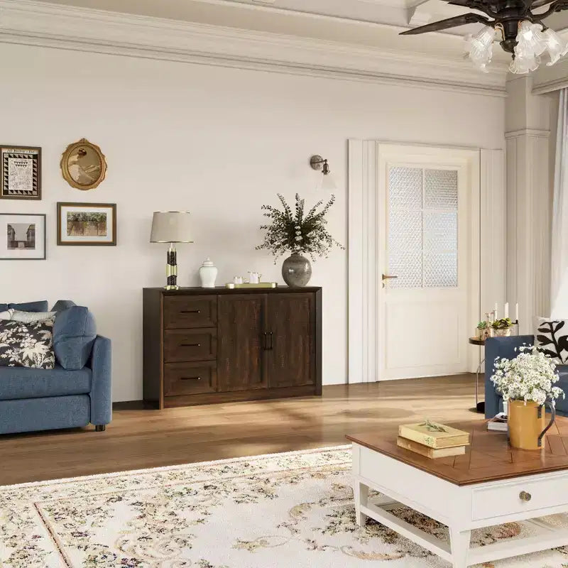 Credenza da cucina in venatura di legno Famapy con dispositivo antiribaltamento - 3 cassetti + 2 ante per cucine o soggiorno