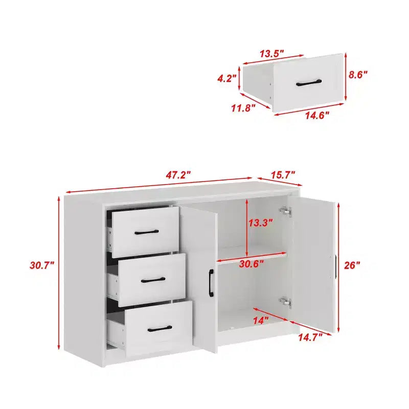 Credenza da cucina in venatura di legno Famapy con dispositivo antiribaltamento - 3 cassetti + 2 ante per cucine o soggiorno