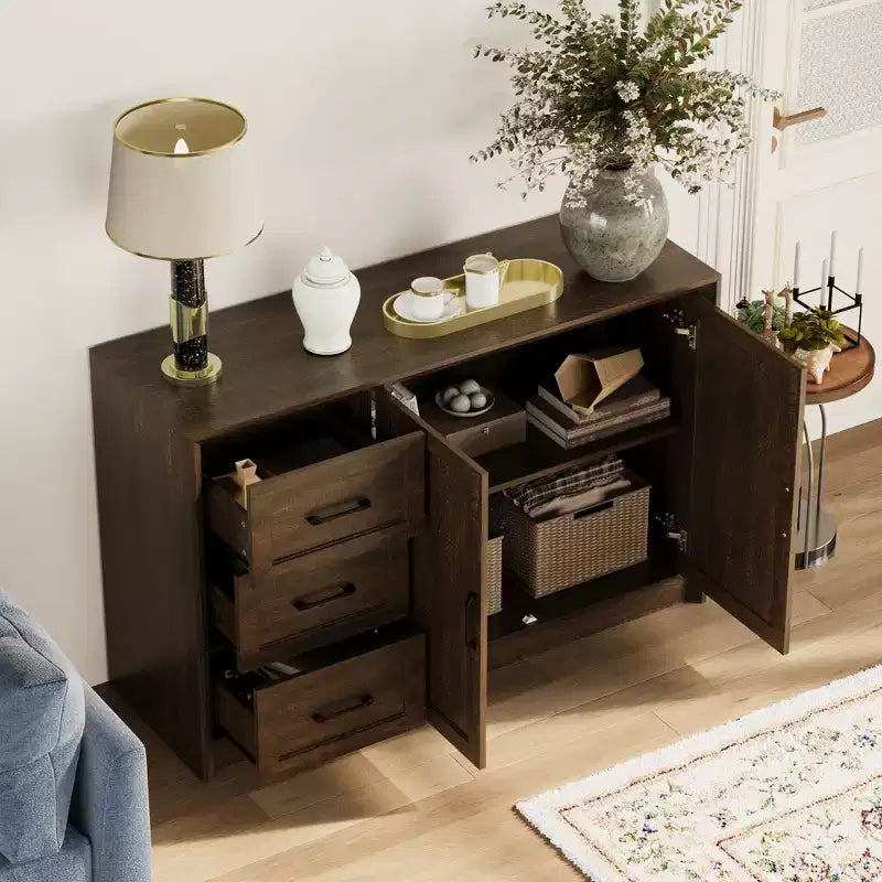 Credenza da cucina in venatura di legno Famapy con dispositivo antiribaltamento - 3 cassetti + 2 ante per cucine o soggiorno