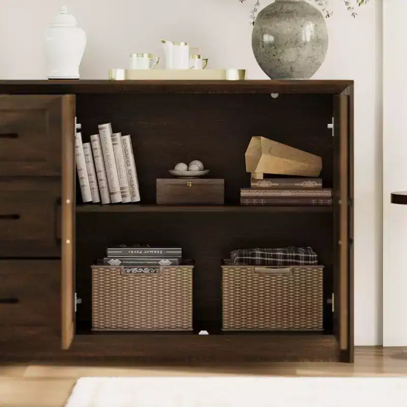 Credenza da cucina in venatura di legno Famapy con dispositivo antiribaltamento - 3 cassetti + 2 ante per cucine o soggiorno