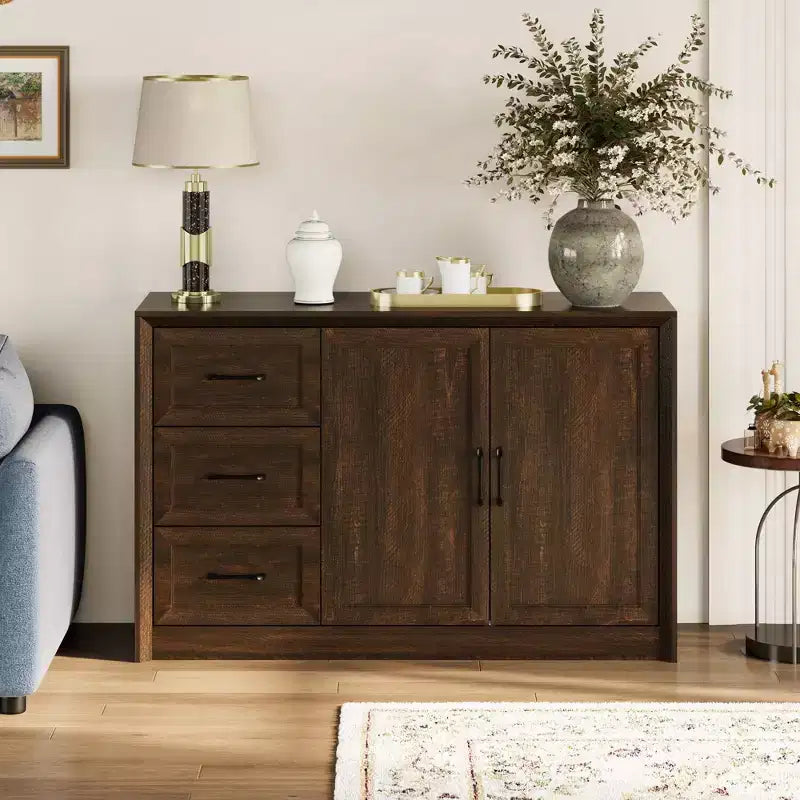 Credenza da cucina in venatura di legno Famapy con dispositivo antiribaltamento - 3 cassetti + 2 ante per cucine o soggiorno