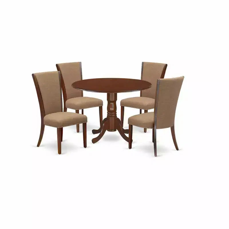 HomeStock Belmont, set da pranzo con tavolo e 4 sedie da cucina in lino color sabbia chiara e un tavolo da pranzo con finitura mogano