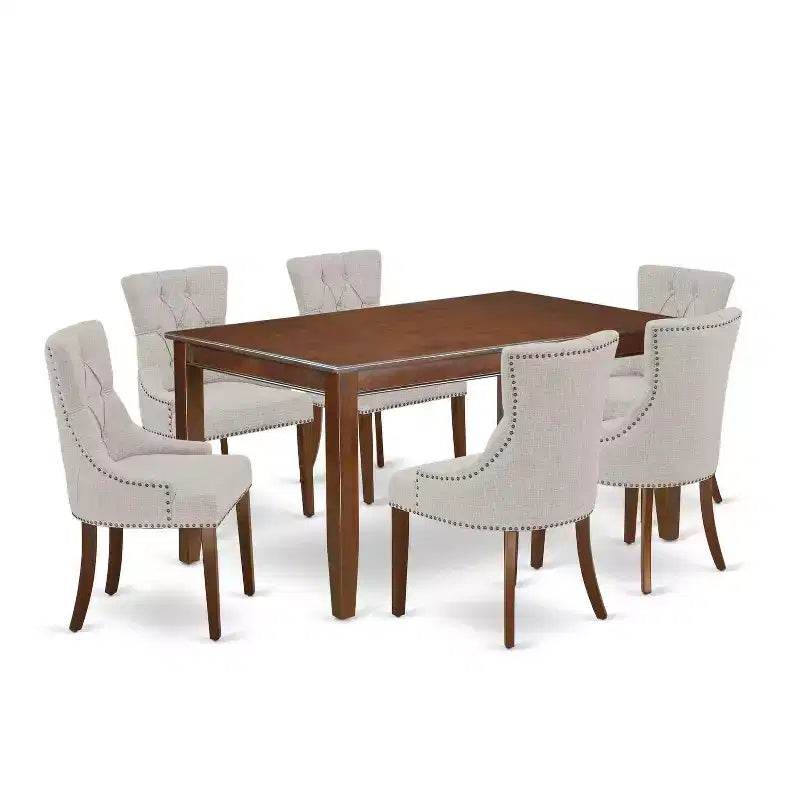 Set da pranzo HomeStock Belmont 7 pezzi composto da un tavolo da pranzo rettangolare, 6 sedie Parson imbottite in tessuto di lino marrone, 36x60 pollici, cappuccino