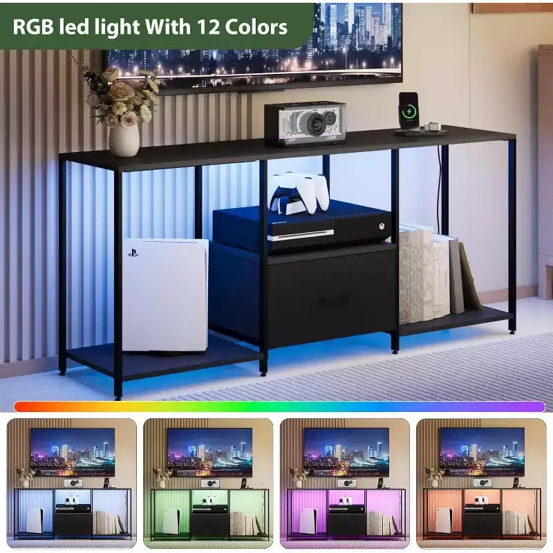 Mobile TV a LED per TV fino a 55 pollici, Centro Intrattenimento con Luci LED e Ripiani a Giorno, Consolle Multimediale Moderna per Soggiorno, Camera da Letto