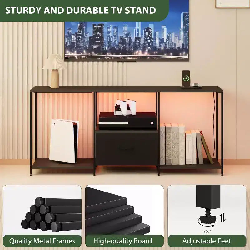 Mobile TV a LED per TV fino a 55 pollici, Centro Intrattenimento con Luci LED e Ripiani a Giorno, Consolle Multimediale Moderna per Soggiorno, Camera da Letto