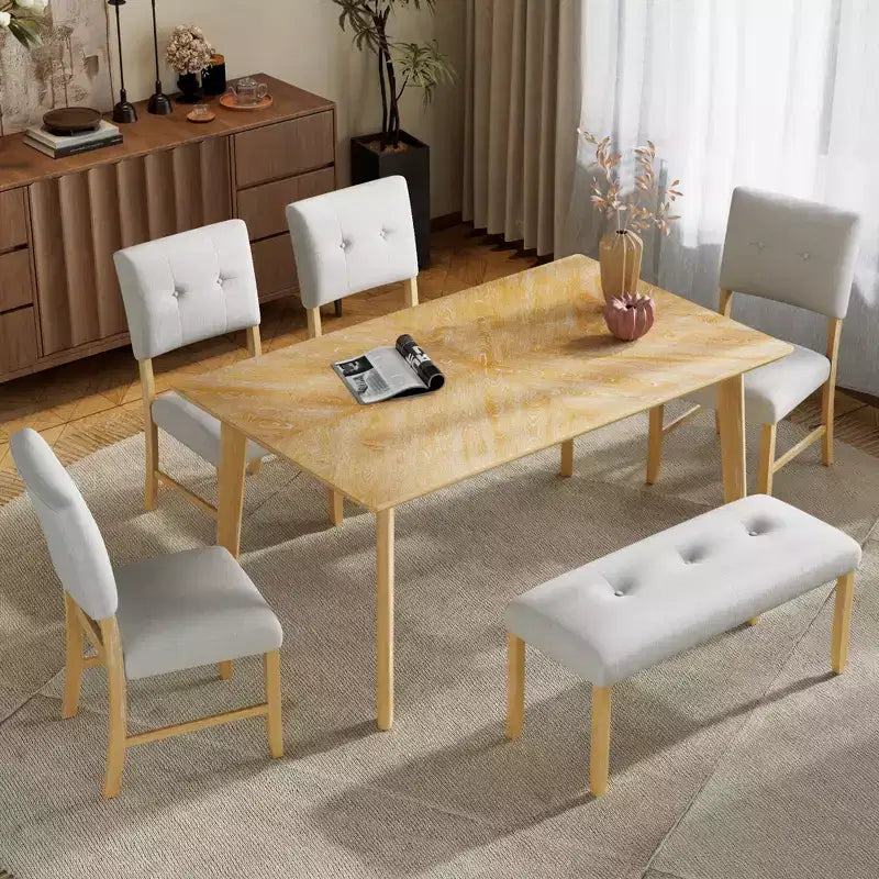 Set tavolo da pranzo in legno da 6 pezzi, tavolo rettangolare da sala da pranzo con 4 sedie imbottite e panca