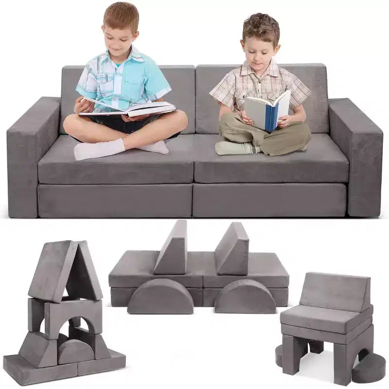 Acekool Modular Kids Play Couch, 8PCS Convertible Play Sofa with Suede Velvet Cover, Creative Foam Couch for Playroom, BedroomGray