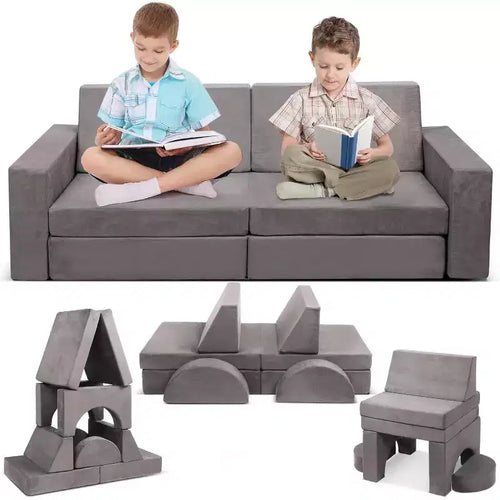 Acekool Modular Kids Play Couch, 8PCS Convertible Play Sofa with Suede Velvet Cover, Creative Foam Couch for Playroom, BedroomGray