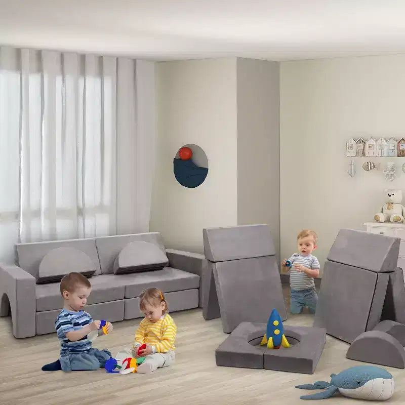 Divano da gioco componibile Acekool per bambini, divano convertibile a 8 pezzi con rivestimento in velluto scamosciato, divano in schiuma creativo per sala giochi, cameretta, grigio