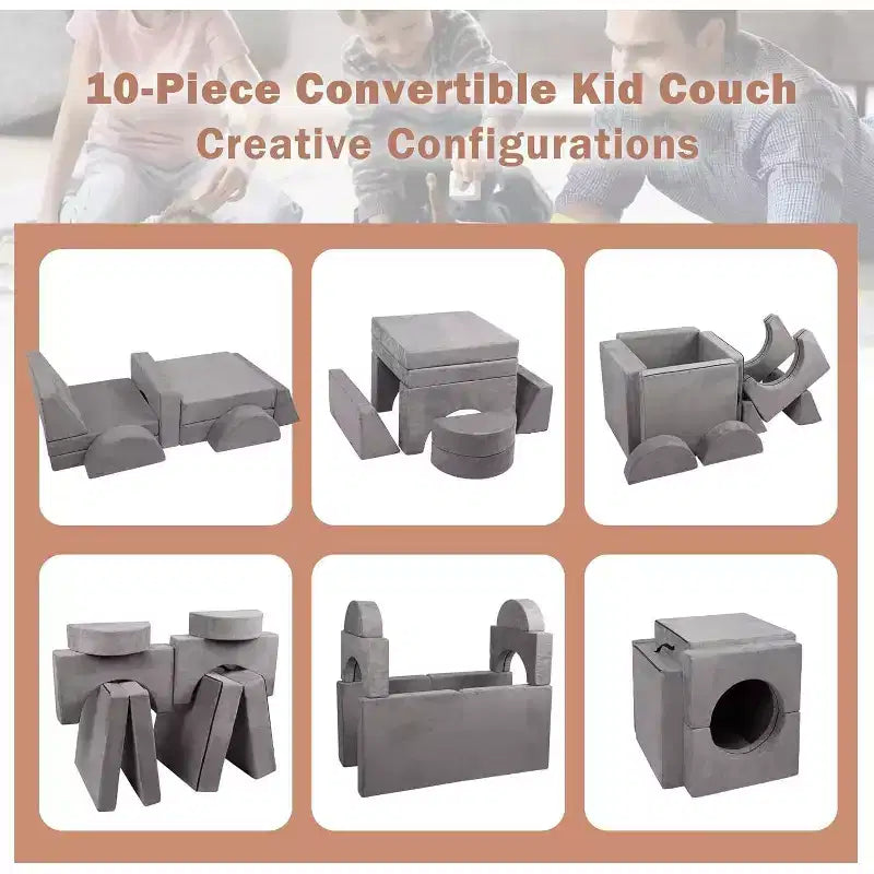 Divano da gioco componibile Acekool per bambini, divano convertibile a 8 pezzi con rivestimento in velluto scamosciato, divano in schiuma creativo per sala giochi, cameretta, grigio