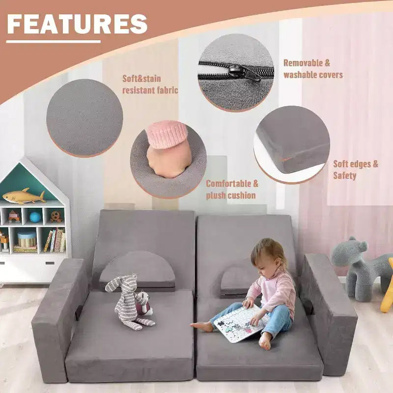 Divano da gioco componibile Acekool per bambini, divano convertibile a 8 pezzi con rivestimento in velluto scamosciato, divano in schiuma creativo per sala giochi, cameretta, grigio