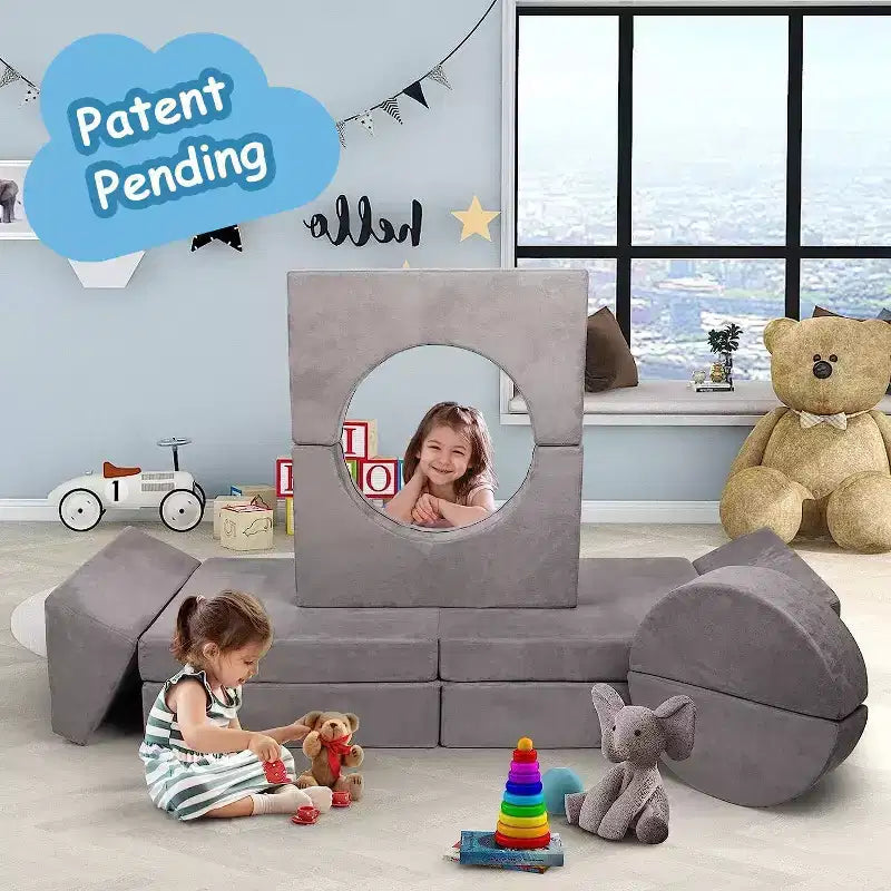 Divano da gioco componibile Acekool per bambini, divano convertibile a 8 pezzi con rivestimento in velluto scamosciato, divano in schiuma creativo per sala giochi, cameretta, grigio